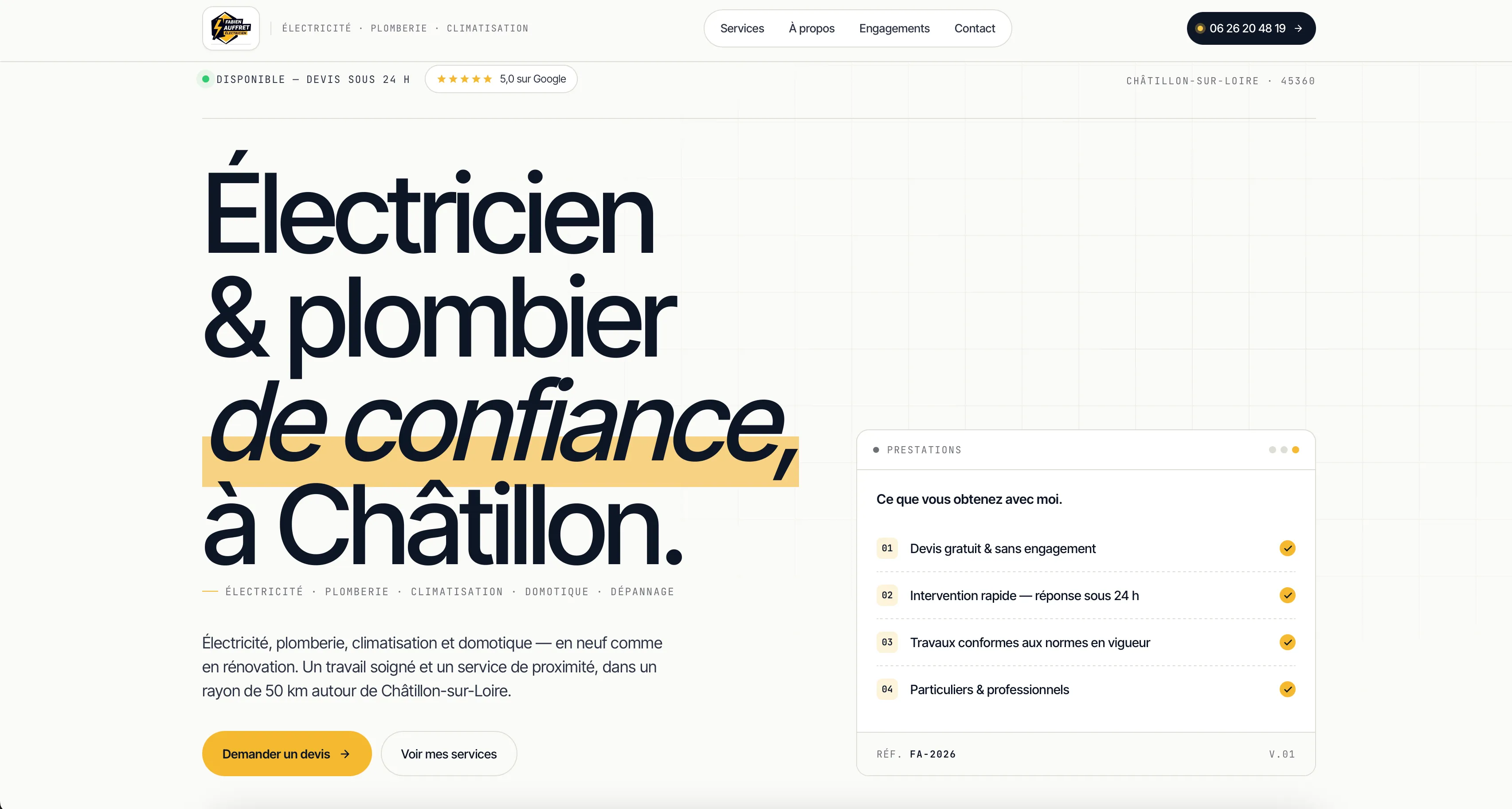 Page d’accueil du site de Fabien Auffret, électricien