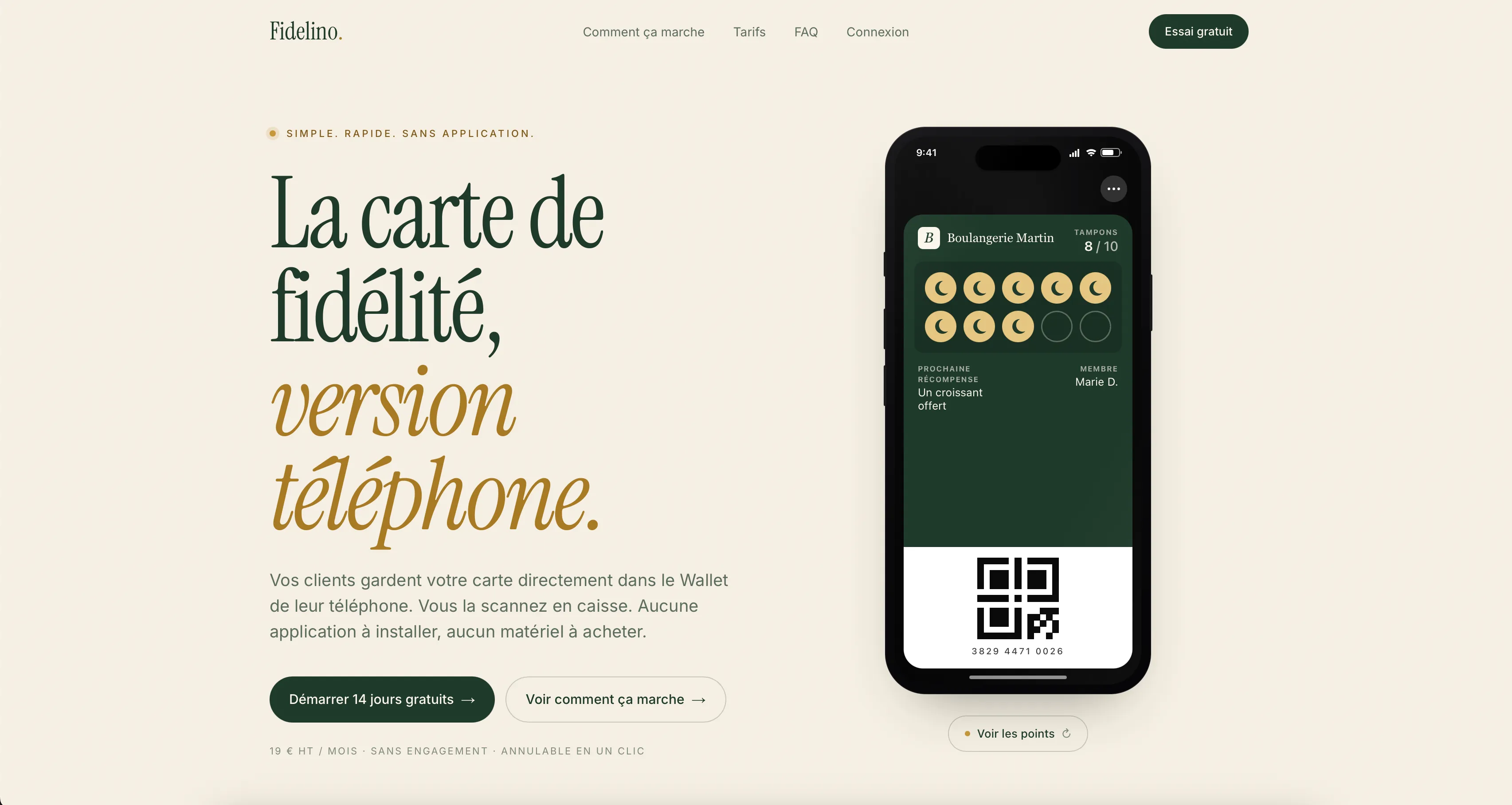 Page d’accueil de Fidelino, cartes de fidélité digitales